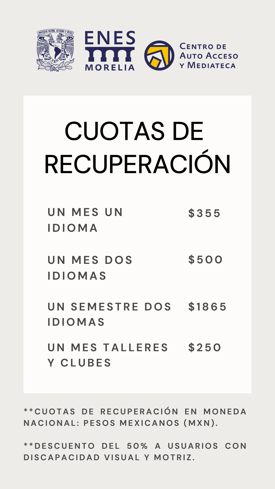 NUEVO INGRESO: UN MES UN IDIOMA. INCLUYE: ASESORÍAS, CLUBES Y TALLERES.